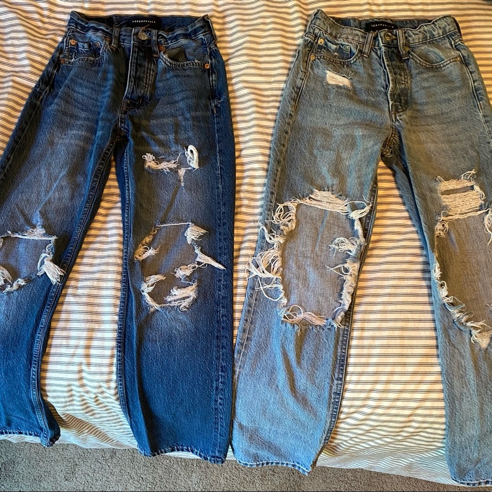 2 pair Womens Aeropostale 90s baggy jeans with rips, Size 000